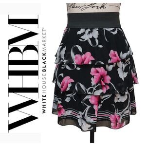 🌸 WHITE HOUSE BLACK MARKET Black Floral Ruffles Elastic Waist SIZE XS